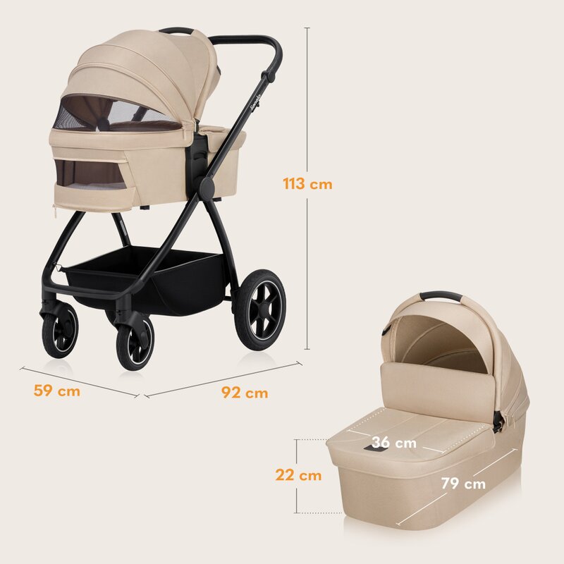 Carucior 2 in 1, Lionelo, Meril, Cu landou si scaun cu dimensiune XL, Reversibil, Cu sistem de ventilatie 3D, Cu accesorii, Pana la 22 kg, De la nastere, Conform cu EN1888-1 EN1888-2, EN1466, Bej