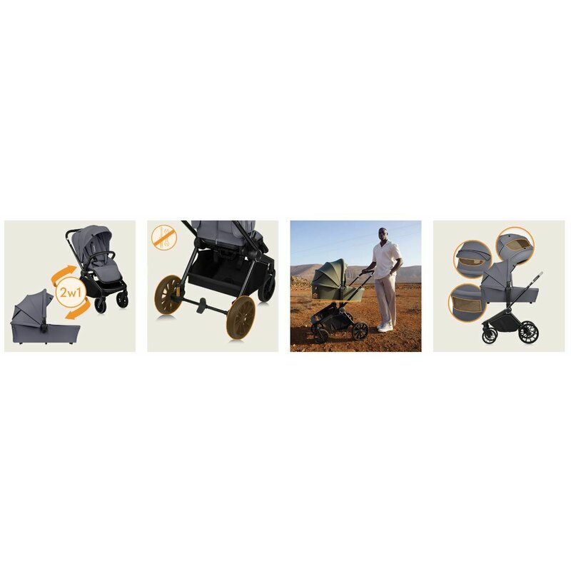 Carucior 2 in 1, Lionelo, Mika Plus, Cadru din aluminiu, Cu landou intarit si salteluta moale, Reversibil, Cu sistem de ventilatie 3D, Cu accesorii, Pana la 22 kg, Conform cu EN1888-1 EN1888-2, EN1466, Gri