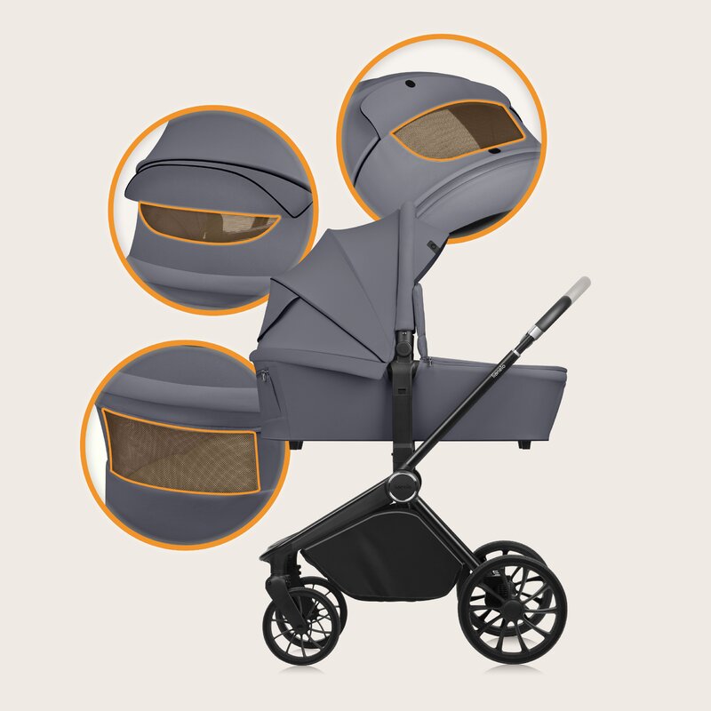 Carucior 2 in 1, Lionelo, Mika Plus, Cadru din aluminiu, Cu landou intarit si salteluta moale, Reversibil, Cu sistem de ventilatie 3D, Cu accesorii, Pana la 22 kg, Conform cu EN1888-1 EN1888-2, EN1466, Gri