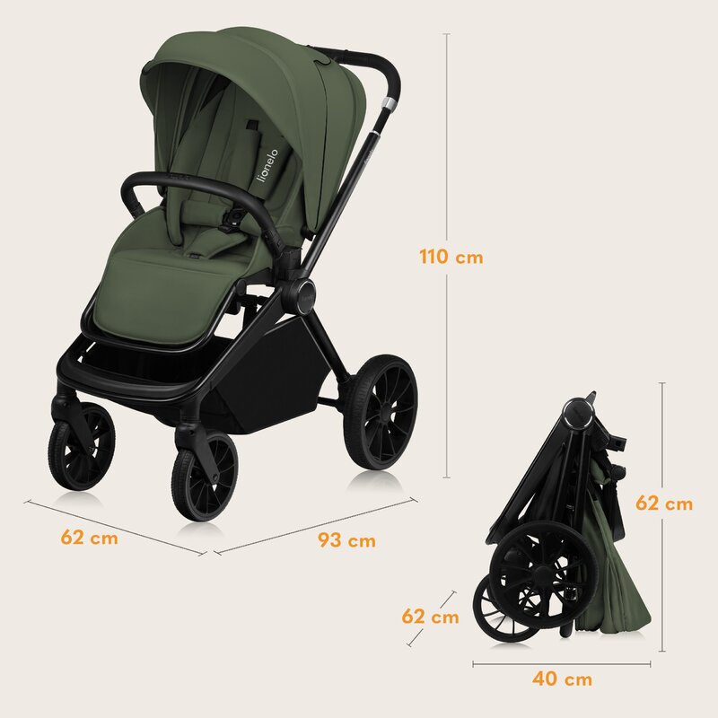 Carucior 2 in 1, Lionelo, Mika Plus, Cadru din aluminiu, Cu landou intarit si salteluta moale, Reversibil, Cu sistem de ventilatie 3D, Cu accesorii, Pana la 22 kg, Conform cu EN1888-1 EN1888-2, EN1466, Verde - gogobaby.ro