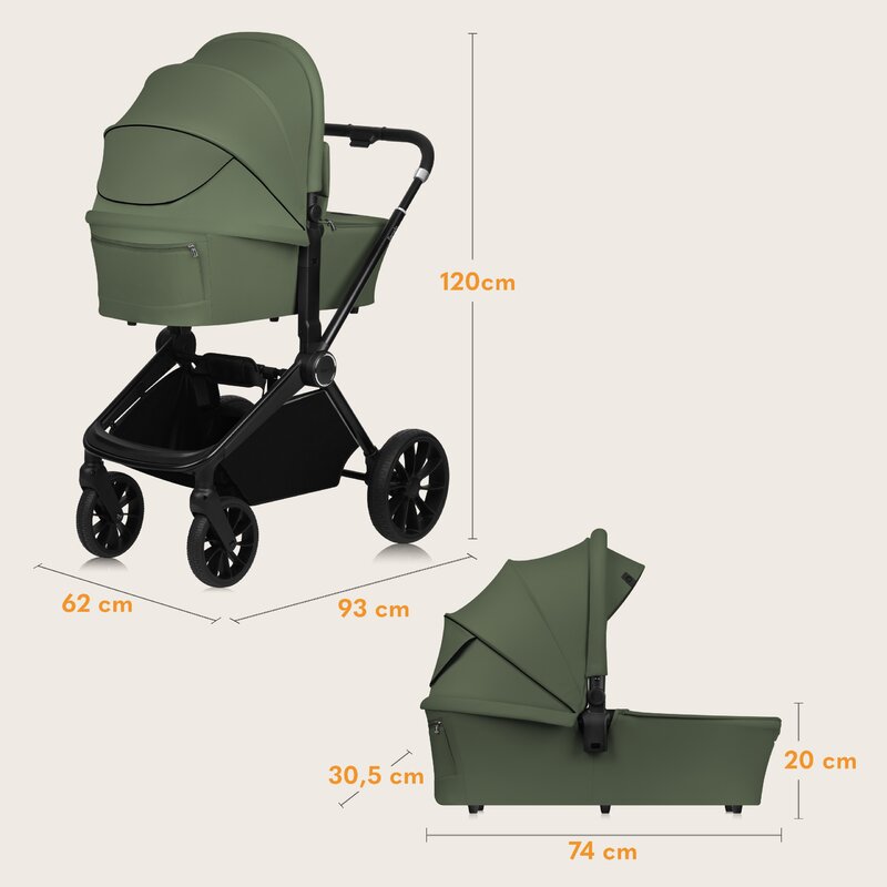Carucior 2 in 1, Lionelo, Mika Plus, Cadru din aluminiu, Cu landou intarit si salteluta moale, Reversibil, Cu sistem de ventilatie 3D, Cu accesorii, Pana la 22 kg, Conform cu EN1888-1 EN1888-2, EN1466, Verde