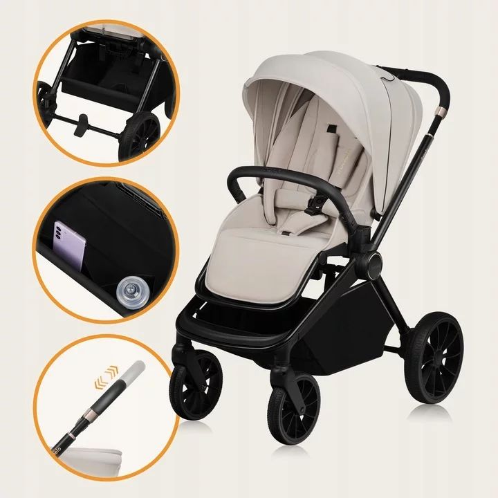 Carucior 2 in 1, Lionelo, Mika Plus, Cadru din aluminiu, Cu landou intarit si salteluta moale, Reversibil, Cu sistem de ventilatie 3D, Cu accesorii, Pana la 22 kg, Conform cu EN1888-1 EN1888-2, EN1466, Bej