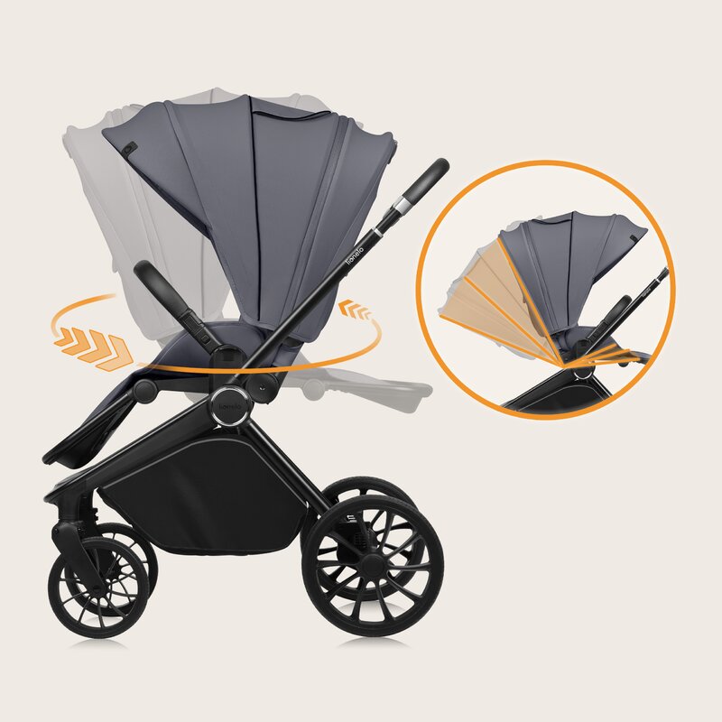 Carucior 2 in 1, Lionelo, Mika Plus, Cadru din aluminiu, Cu landou intarit si salteluta moale, Reversibil, Cu sistem de ventilatie 3D, Cu accesorii, Pana la 22 kg, Conform cu EN1888-1 EN1888-2, EN1466, Gri