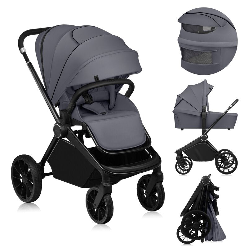 Carucior 2 in 1, Lionelo, Mika Plus, Cadru din aluminiu, Cu landou intarit si salteluta moale, Reversibil, Cu sistem de ventilatie 3D, Cu accesorii, Pana la 22 kg, Conform cu EN1888-1 EN1888-2, EN1466, Gri