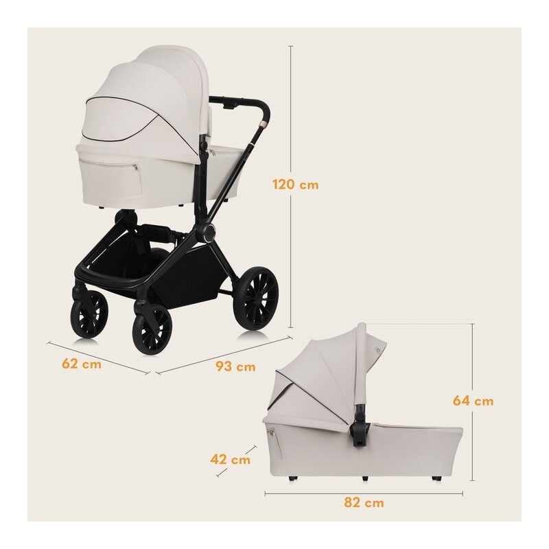 Carucior 2 in 1, Lionelo, Mika Plus, Cadru din aluminiu, Cu landou intarit si salteluta moale, Reversibil, Cu sistem de ventilatie 3D, Cu accesorii, Pana la 22 kg, Conform cu EN1888-1 EN1888-2, EN1466, Bej