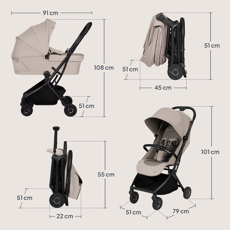 Carucior 2 in 1, Lionelo, Sia Flex, 7.6 kg, Include landou pliabil pe cadru, Ultracompact, Pliere rapida cu o mana, Copertina UPF50+, Cu accesorii incluse, 0-48 luni, Sustine 22 kg, Bej