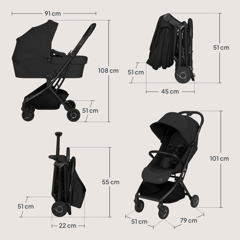 Carucior 2 in 1, Lionelo, Sia Flex, 7.6 kg, Include landou pliabil pe cadru, Ultracompact, Pliere rapida cu o mana, Copertina UPF50+, Cu accesorii incluse, 0-48 luni, Sustine 22 kg, Negru