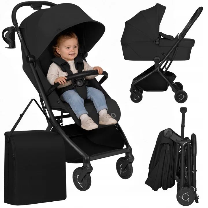 Carucior 2 in 1, Lionelo, Sia Flex, 7.6 kg, Include landou pliabil pe cadru, Ultracompact, Pliere rapida cu o mana, Copertina UPF50+, Cu accesorii incluse, 0-48 luni, Sustine 22 kg, Negru