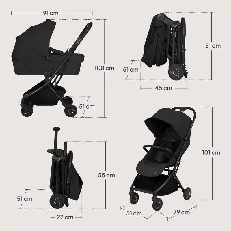 Carucior 2 in 1, Lionelo, Sia Flex, 7.6 kg, Include landou pliabil pe cadru, Ultracompact, Pliere rapida cu o mana, Copertina UPF50+, Cu accesorii incluse, 0-48 luni, Sustine 22 kg, Negru