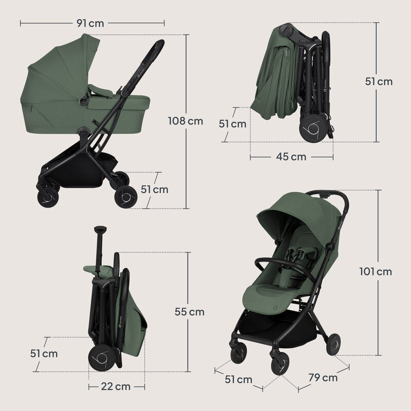 Carucior 2 in 1, Lionelo, Sia Flex, 7.6 kg, Include landou pliabil pe cadru, Ultracompact, Pliere rapida cu o mana, Copertina UPF50+, Cu accesorii incluse, 0-48 luni, Sustine 22 kg, Verde