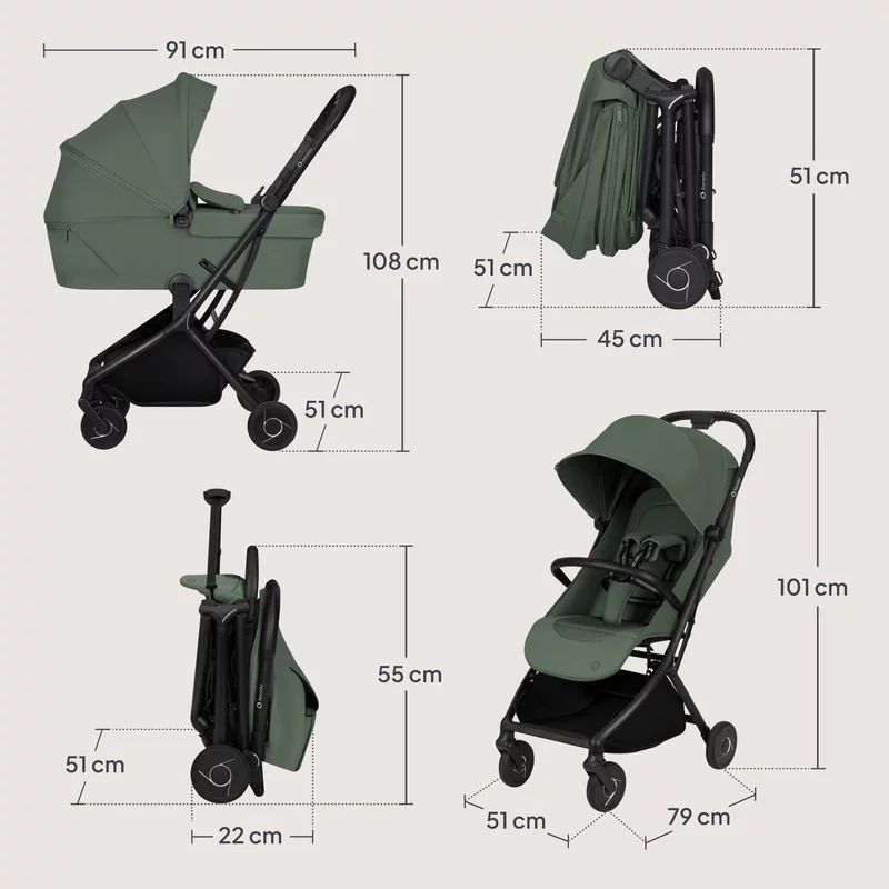 Carucior 2 in 1, Lionelo, Sia Flex, 7.6 kg, Include landou pliabil pe cadru, Ultracompact, Pliere rapida cu o mana, Copertina UPF50+, Cu accesorii incluse, 0-48 luni, Sustine 22 kg, Verde