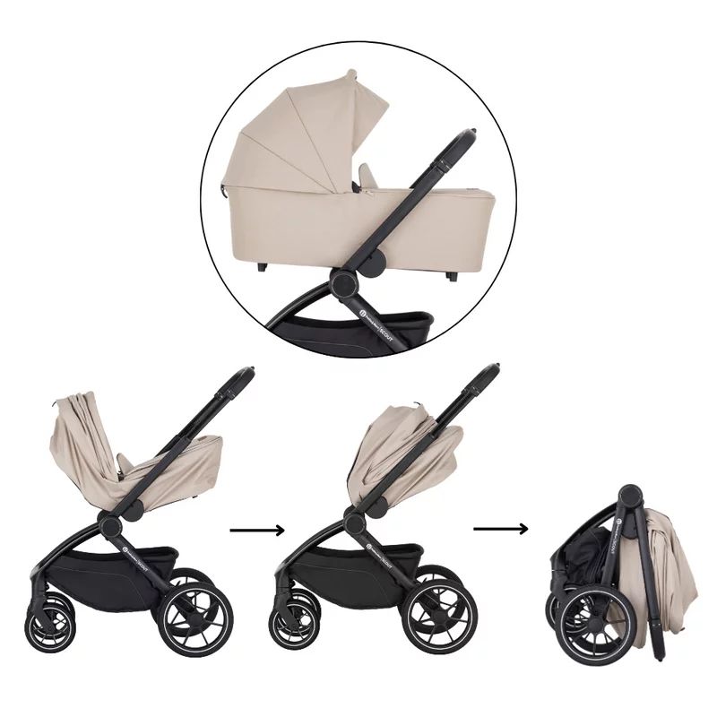 Carucior 2 in 1, Petite&Mars, Scout, Cu landou pliabil, Reversibil, Spatar si suport de picioare reglabile in 3 pozitii, Maner ajustabil, Cu accesorii, Pana la 22 kg, 0 luni+, Bej
