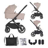 Carucior 2 in 1, Petite&Mars, Scout, Cu landou pliabil, Reversibil, Spatar si suport de picioare reglabile in 3 pozitii, Maner ajustabil, Cu accesorii, Pana la 22 kg, 0 luni+, Crem Cappuccino