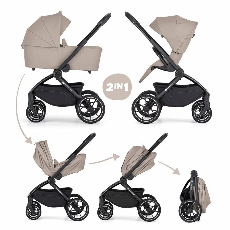 Carucior 2 in 1, Petite&Mars, Scout, Cu landou pliabil, Reversibil, Spatar si suport de picioare reglabile in 3 pozitii, Maner ajustabil, Cu accesorii, Pana la 22 kg, 0 luni+, Crem Cappuccino - gogobaby.ro