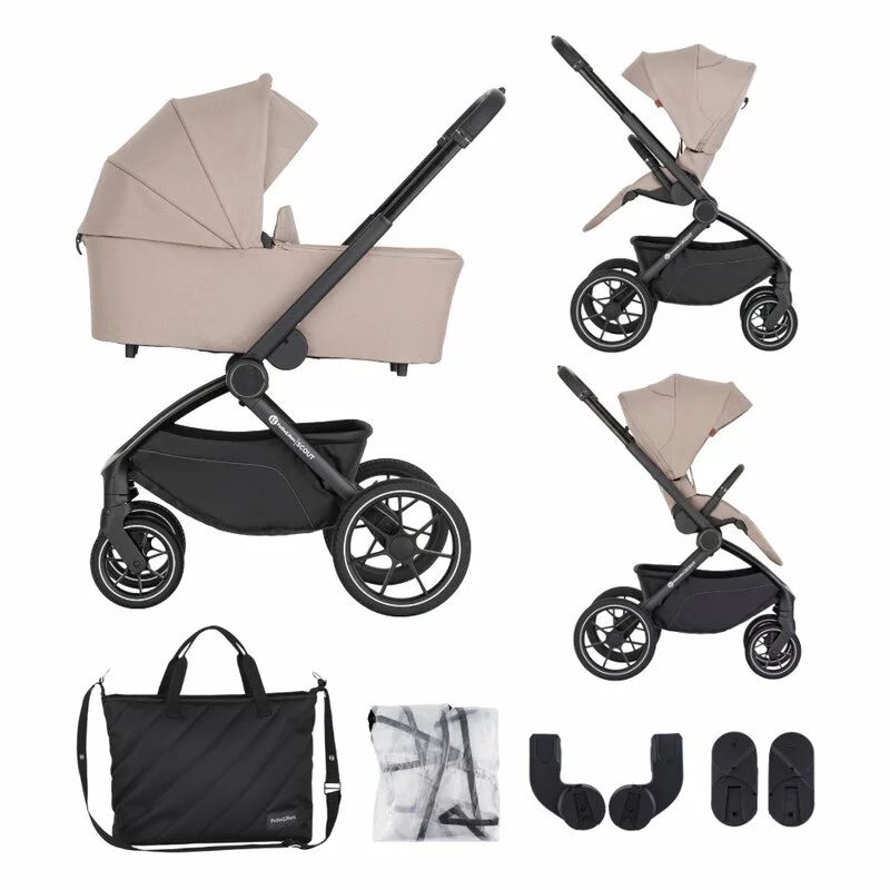 Carucior 2 in 1, Petite&Mars, Scout, Cu landou pliabil, Reversibil, Spatar si suport de picioare reglabile in 3 pozitii, Maner ajustabil, Cu accesorii, Pana la 22 kg, 0 luni+, Crem Cappuccino - gogobaby.ro