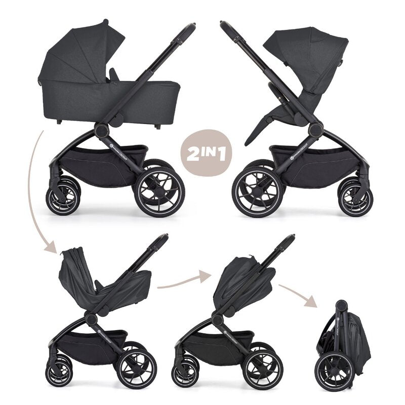 Carucior 2 in 1, Petite&Mars, Scout, Cu landou pliabil, Reversibil, Spatar si suport de picioare reglabile in 3 pozitii, Maner ajustabil, Cu accesorii, Pana la 22 kg, 0 luni+, Gri