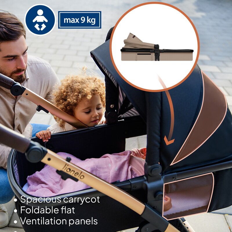Carucior 3 in 1, Lionelo, Amber, Landou intarit, Scoica auto testata ADAC, Reversibil, Cu accesorii, Geanta parinti, Pana la 22 kg, Bej - gogobaby.ro