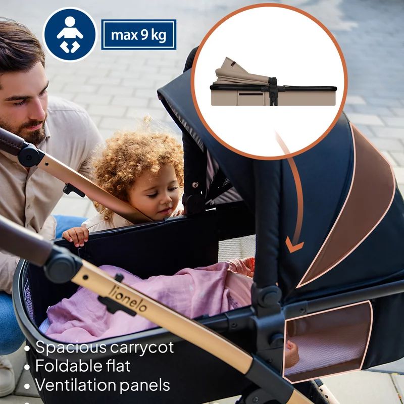 Carucior 3 in 1, Lionelo, Amber, Landou intarit, Scoica auto testata ADAC, Reversibil, Cu accesorii, Geanta parinti, Pana la 22 kg, Bej