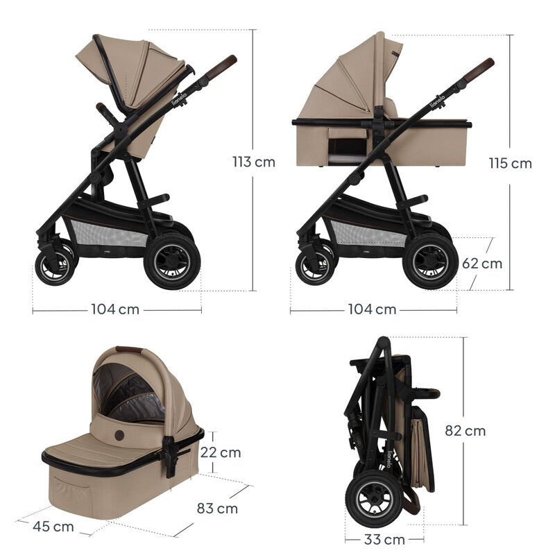Carucior 3 in 1, Lionelo, Amber, Landou intarit, Scoica auto testata ADAC, Reversibil, Cu accesorii, Geanta parinti, Pana la 22 kg, Bej - gogobaby.ro