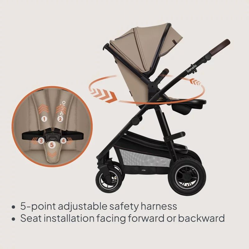 Carucior 3 in 1, Lionelo, Amber, Landou intarit, Scoica auto testata ADAC, Reversibil, Cu accesorii, Geanta parinti, Pana la 22 kg, Bej
