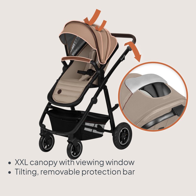 Carucior 3 in 1, Lionelo, Amber, Landou intarit, Scoica auto testata ADAC, Reversibil, Cu accesorii, Geanta parinti, Pana la 22 kg, Bej