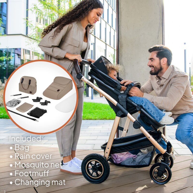 Carucior 3 in 1, Lionelo, Amber, Landou intarit, Scoica auto testata ADAC, Reversibil, Cu accesorii, Geanta parinti, Pana la 22 kg, Bej - gogobaby.ro