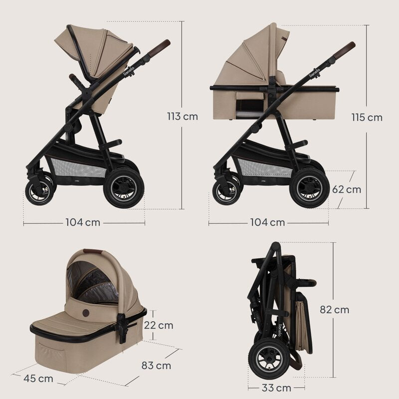 Carucior 3 in 1, Lionelo, Amber, Landou intarit, Scoica auto testata ADAC, Reversibil, Cu accesorii, Geanta parinti, Pana la 22 kg, Bej - gogobaby.ro