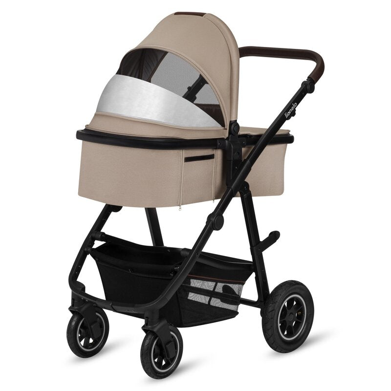 Carucior 3 in 1, Lionelo, Amber, Landou intarit, Scoica auto testata ADAC, Reversibil, Cu accesorii, Geanta parinti, Pana la 22 kg, Bej - gogobaby.ro