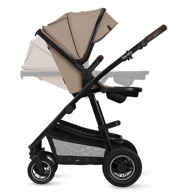 Carucior 3 in 1, Lionelo, Amber, Landou intarit, Scoica auto testata ADAC, Reversibil, Cu accesorii, Geanta parinti, Pana la 22 kg, Bej - gogobaby.ro