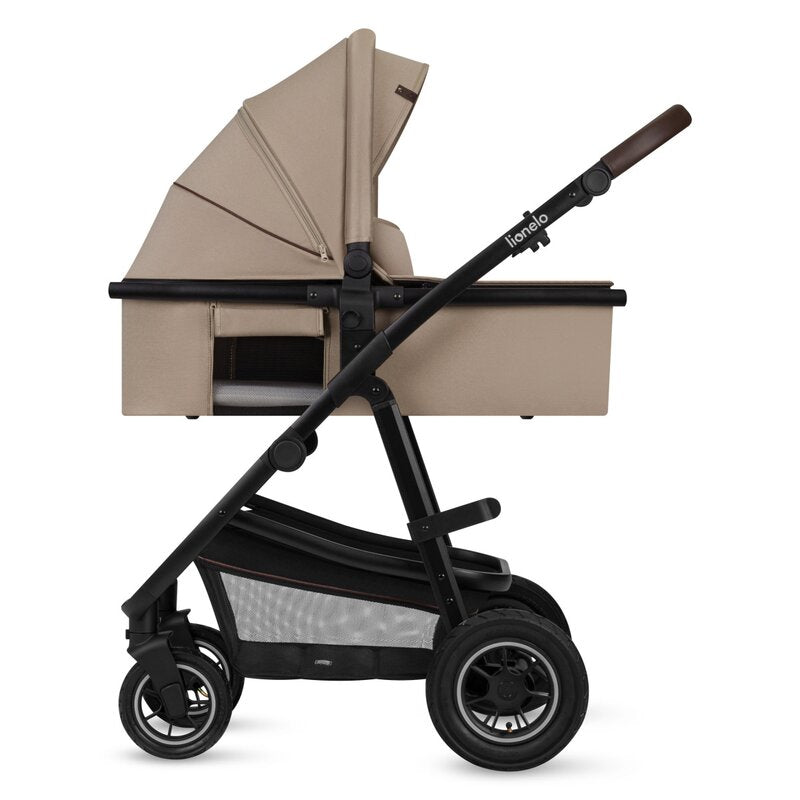 Carucior 3 in 1, Lionelo, Amber, Landou intarit, Scoica auto testata ADAC, Reversibil, Cu accesorii, Geanta parinti, Pana la 22 kg, Bej - gogobaby.ro