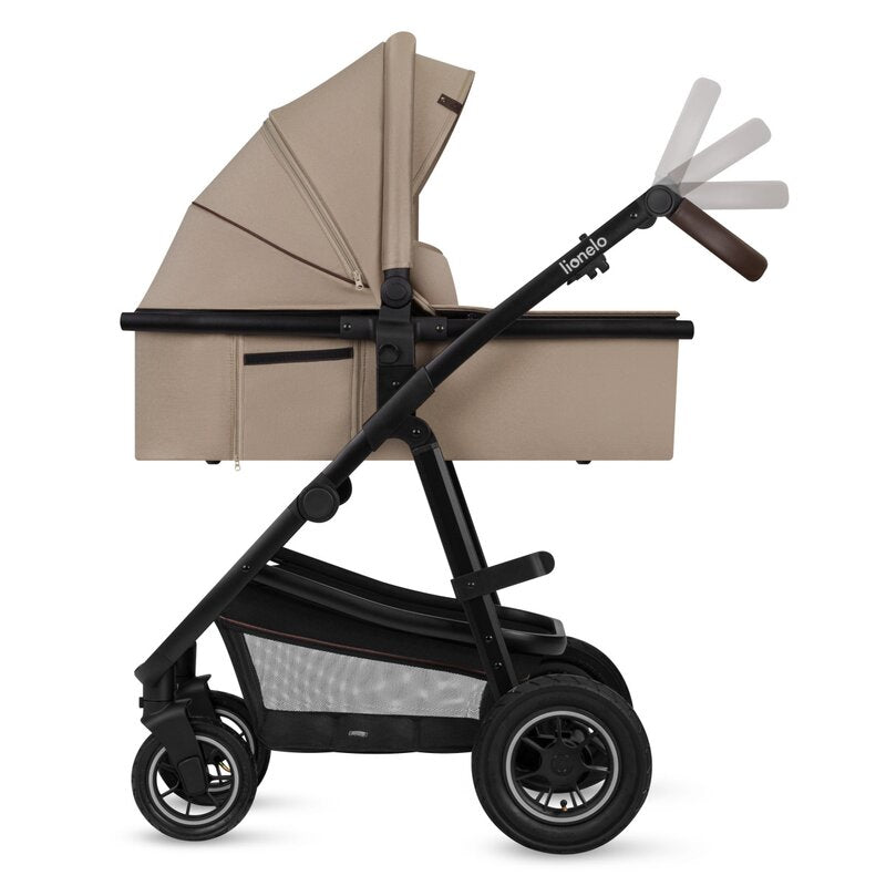 Carucior 3 in 1, Lionelo, Amber, Landou intarit, Scoica auto testata ADAC, Reversibil, Cu accesorii, Geanta parinti, Pana la 22 kg, Bej - gogobaby.ro