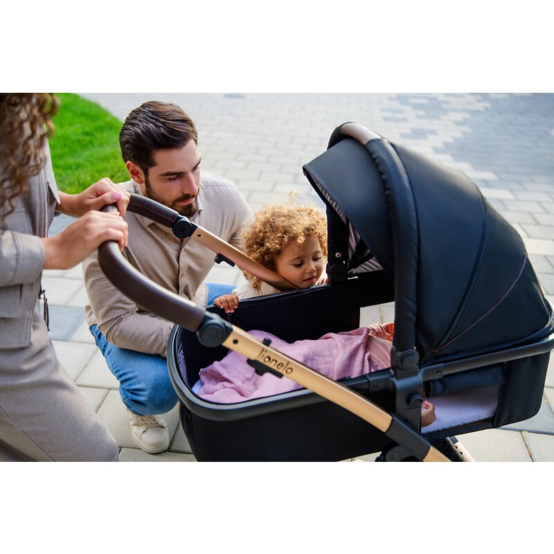 Carucior 3 in 1, Lionelo, Amber, Landou intarit, Scoica auto testata ADAC, Reversibil, Cu accesorii, Geanta parinti, Pana la 22 kg, Bej - gogobaby.ro