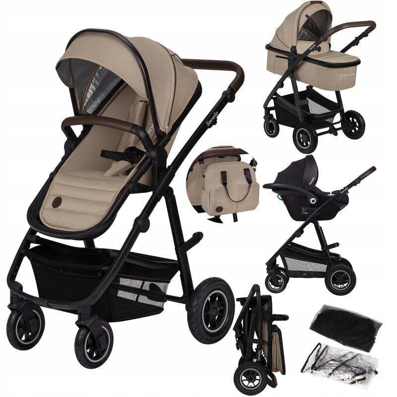 Carucior 3 in 1, Lionelo, Amber, Landou intarit, Scoica auto testata ADAC, Reversibil, Cu accesorii, Geanta parinti, Pana la 22 kg, Bej - gogobaby.ro