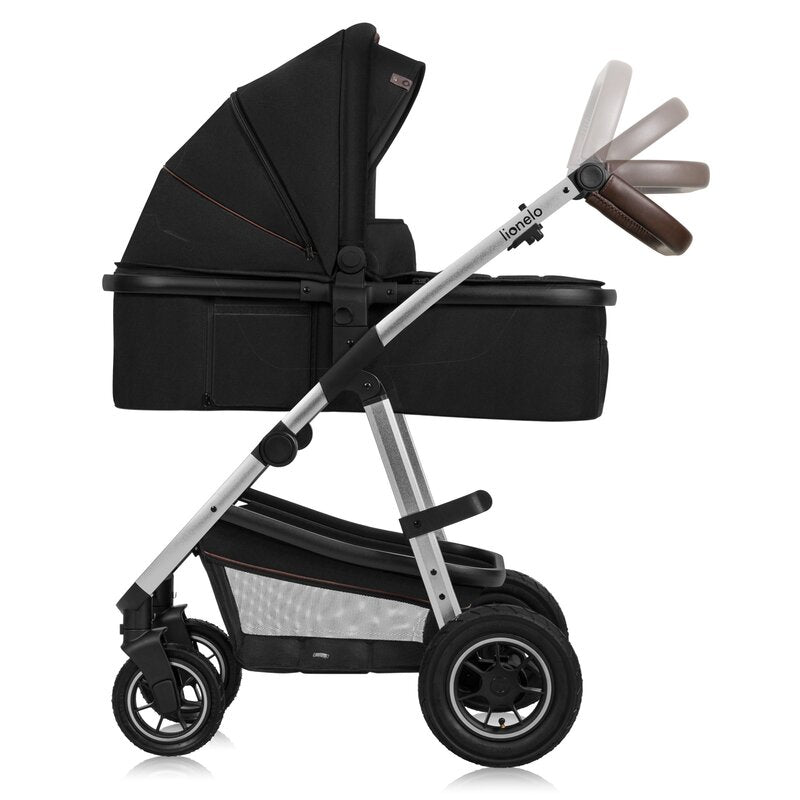 Carucior 3 in 1, Lionelo, Amber, Cadru aluminiu, Cu landou intarit si salteluta moale, Cu scoica auto testata ADAC, Reversibil, Cu accesorii, Geanta parinti, Pana la 22 kg, Negru silver