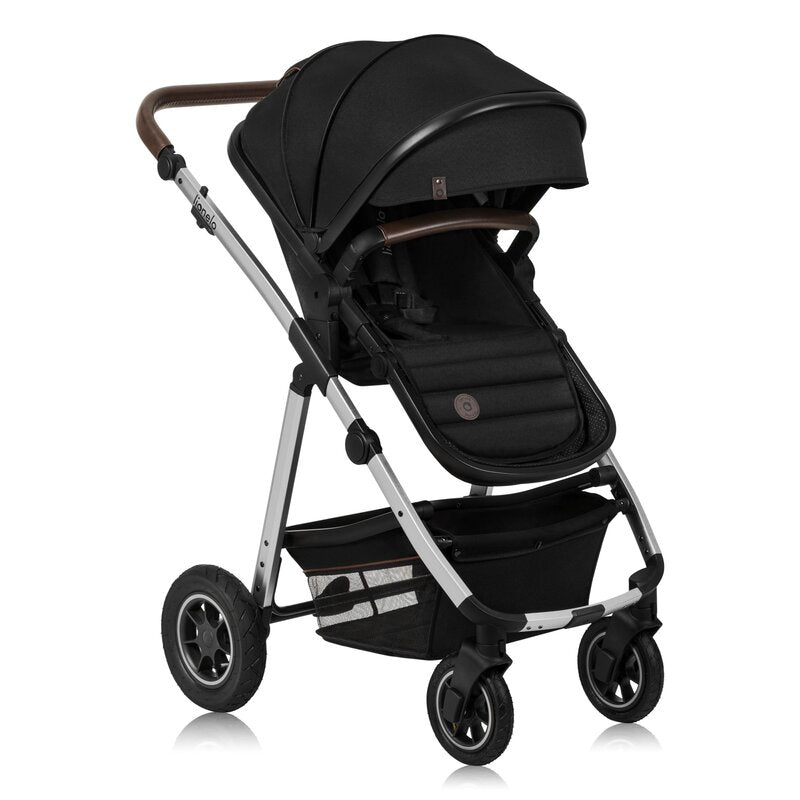 Carucior 3 in 1, Lionelo, Amber, Cadru aluminiu, Cu landou intarit si salteluta moale, Cu scoica auto testata ADAC, Reversibil, Cu accesorii, Geanta parinti, Pana la 22 kg, Negru silver