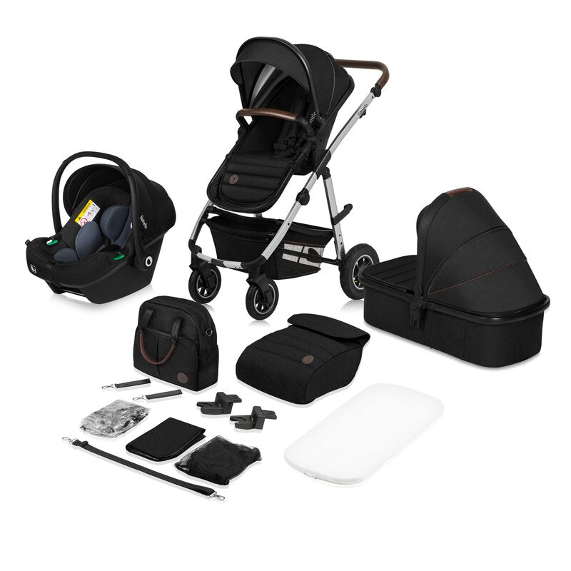 Carucior 3 in 1, Lionelo, Amber, Cadru aluminiu, Cu landou intarit si salteluta moale, Cu scoica auto testata ADAC, Reversibil, Cu accesorii, Geanta parinti, Pana la 22 kg, Negru silver