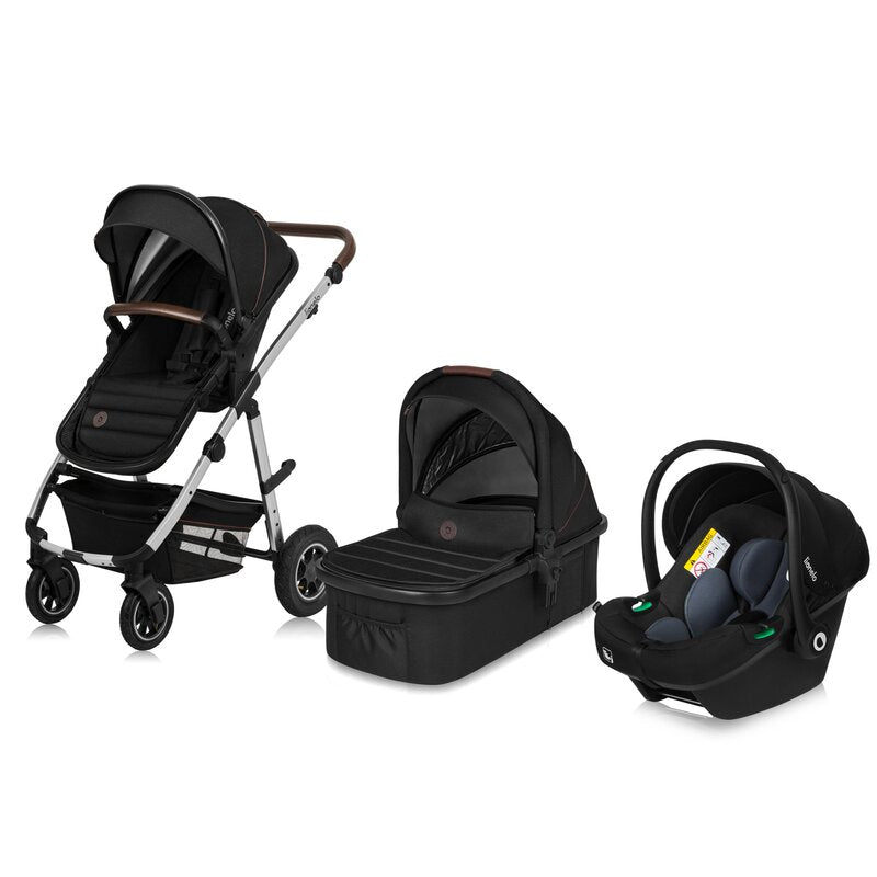 Carucior 3 in 1, Lionelo, Amber, Cadru aluminiu, Cu landou intarit si salteluta moale, Cu scoica auto testata ADAC, Reversibil, Cu accesorii, Geanta parinti, Pana la 22 kg, Negru silver