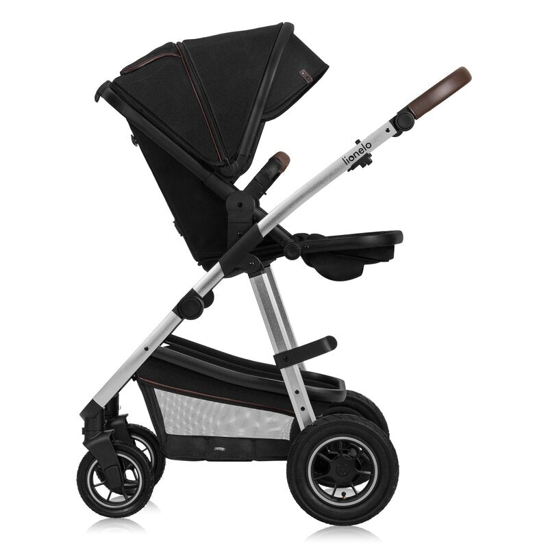 Carucior 3 in 1, Lionelo, Amber, Cadru aluminiu, Cu landou intarit si salteluta moale, Cu scoica auto testata ADAC, Reversibil, Cu accesorii, Geanta parinti, Pana la 22 kg, Negru silver