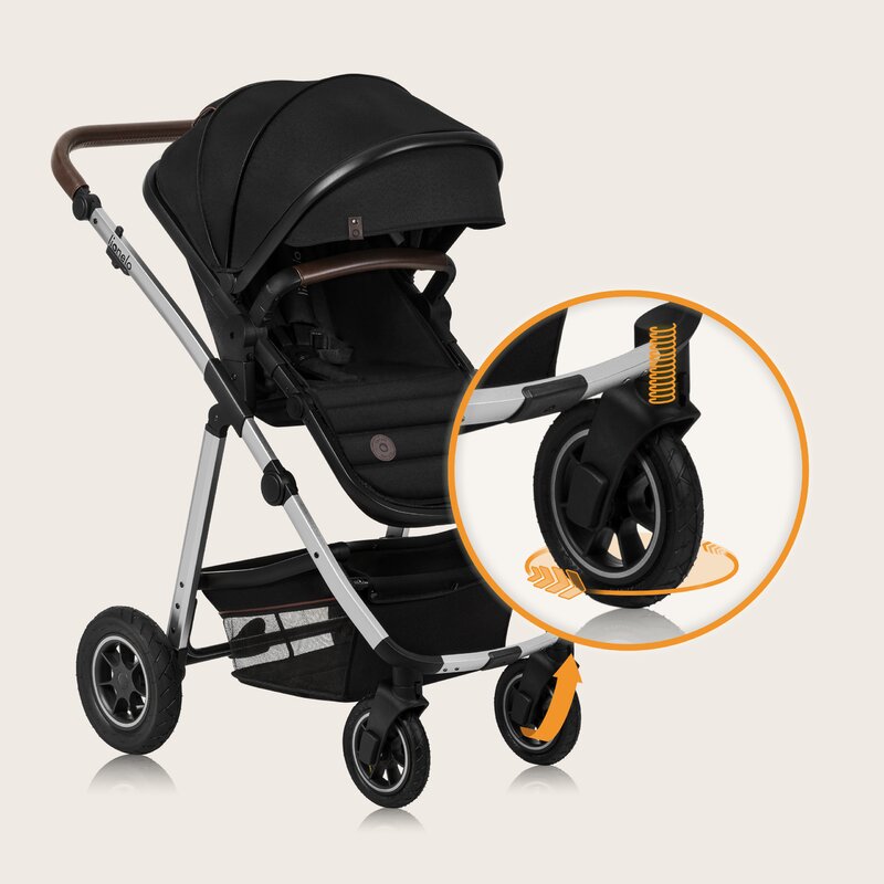 Carucior 3 in 1, Lionelo, Amber, Cadru aluminiu, Cu landou intarit si salteluta moale, Cu scoica auto testata ADAC, Reversibil, Cu accesorii, Geanta parinti, Pana la 22 kg, Negru silver