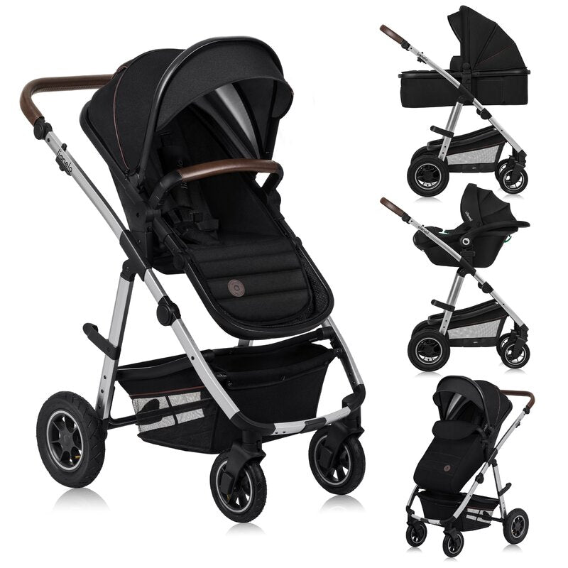 Carucior 3 in 1, Lionelo, Amber, Cadru aluminiu, Cu landou intarit si salteluta moale, Cu scoica auto testata ADAC, Reversibil, Cu accesorii, Geanta parinti, Pana la 22 kg, Negru silver