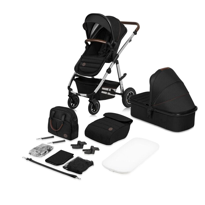 Carucior 3 in 1, Lionelo, Amber, Cadru aluminiu, Cu landou intarit si salteluta moale, Cu scoica auto testata ADAC, Reversibil, Cu accesorii, Geanta parinti, Pana la 22 kg, Negru silver
