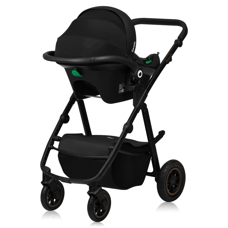 Carucior 3 in 1, Lionelo, Amber Plus, Cadru aluminiu, Cu landou intarit si salteluta moale, Cu scoica auto testata ADAC, Reversibil, Maner ajustabil, Cu accesorii, Cu ventilatie panoramica 3D, Pana la 22 kg, EN1888-1, EN1888-2, EN1466, ECE R129, Verde