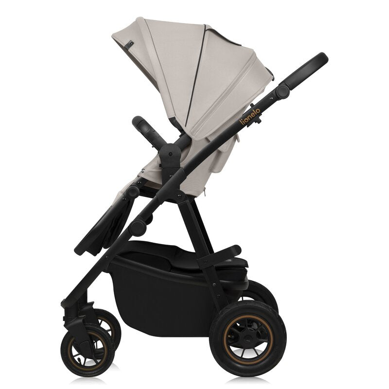 Carucior 3 in 1, Lionelo, Amber Plus, Cadru aluminiu, Cu landou intarit si salteluta moale, Cu scoica auto testata ADAC, Reversibil, Maner ajustabil, Cu accesorii, Cu ventilatie panoramica 3D, Pana la 22 kg, EN1888-1, EN1888-2, EN1466, ECE R129, Bej