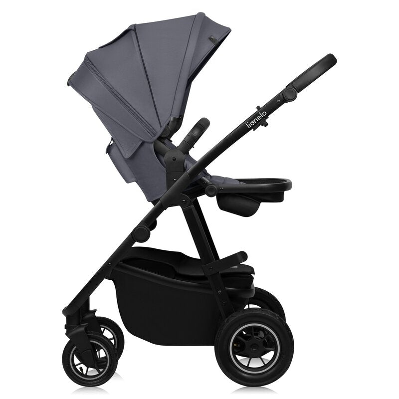 Carucior 3 in 1, Lionelo, Amber Plus, Cadru aluminiu, Cu landou intarit si salteluta moale, Cu scoica auto testata ADAC, Reversibil, Maner ajustabil, Cu accesorii, Cu ventilatie panoramica 3D, Pana la 22 kg, EN1888-1, EN1888-2, EN1466, ECE R129, Gri