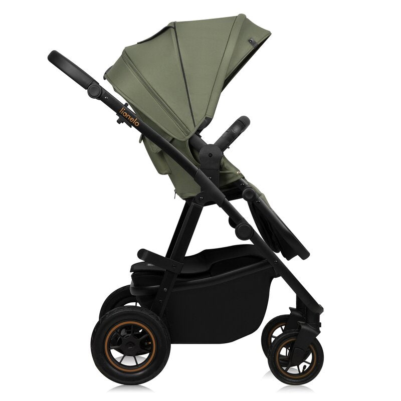 Carucior 3 in 1, Lionelo, Amber Plus, Cadru aluminiu, Cu landou intarit si salteluta moale, Cu scoica auto testata ADAC, Reversibil, Maner ajustabil, Cu accesorii, Cu ventilatie panoramica 3D, Pana la 22 kg, EN1888-1, EN1888-2, EN1466, ECE R129, Verde