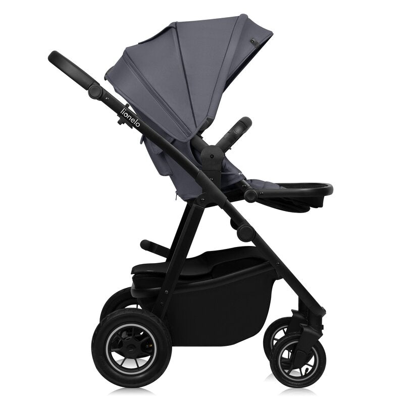 Carucior 3 in 1, Lionelo, Amber Plus, Cadru aluminiu, Cu landou intarit si salteluta moale, Cu scoica auto testata ADAC, Reversibil, Maner ajustabil, Cu accesorii, Cu ventilatie panoramica 3D, Pana la 22 kg, EN1888-1, EN1888-2, EN1466, ECE R129, Gri