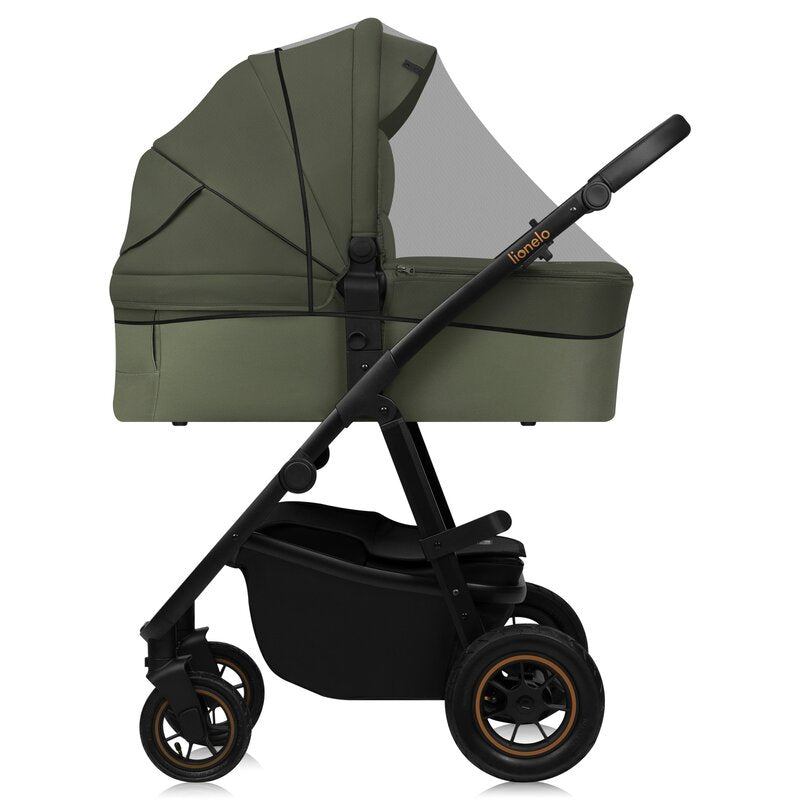 Carucior 3 in 1, Lionelo, Amber Plus, Cadru aluminiu, Cu landou intarit si salteluta moale, Cu scoica auto testata ADAC, Reversibil, Maner ajustabil, Cu accesorii, Cu ventilatie panoramica 3D, Pana la 22 kg, EN1888-1, EN1888-2, EN1466, ECE R129, Verde