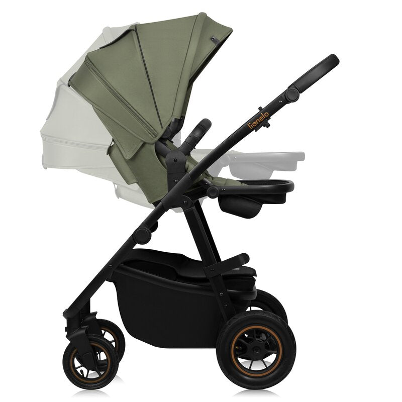 Carucior 3 in 1, Lionelo, Amber Plus, Cadru aluminiu, Cu landou intarit si salteluta moale, Cu scoica auto testata ADAC, Reversibil, Maner ajustabil, Cu accesorii, Cu ventilatie panoramica 3D, Pana la 22 kg, EN1888-1, EN1888-2, EN1466, ECE R129, Verde