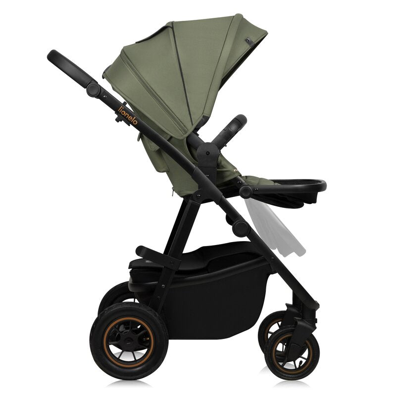 Carucior 3 in 1, Lionelo, Amber Plus, Cadru aluminiu, Cu landou intarit si salteluta moale, Cu scoica auto testata ADAC, Reversibil, Maner ajustabil, Cu accesorii, Cu ventilatie panoramica 3D, Pana la 22 kg, EN1888-1, EN1888-2, EN1466, ECE R129, Verde