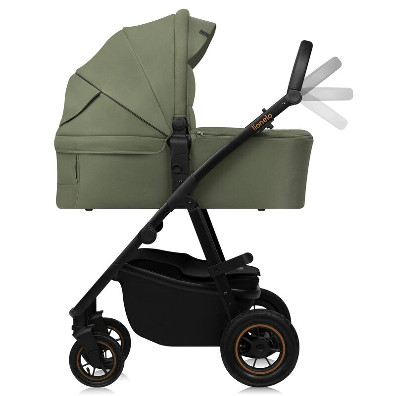 Carucior 3 in 1, Lionelo, Amber Plus, Cadru aluminiu, Cu landou intarit si salteluta moale, Cu scoica auto testata ADAC, Reversibil, Maner ajustabil, Cu accesorii, Cu ventilatie panoramica 3D, Pana la 22 kg, EN1888-1, EN1888-2, EN1466, ECE R129, Verde